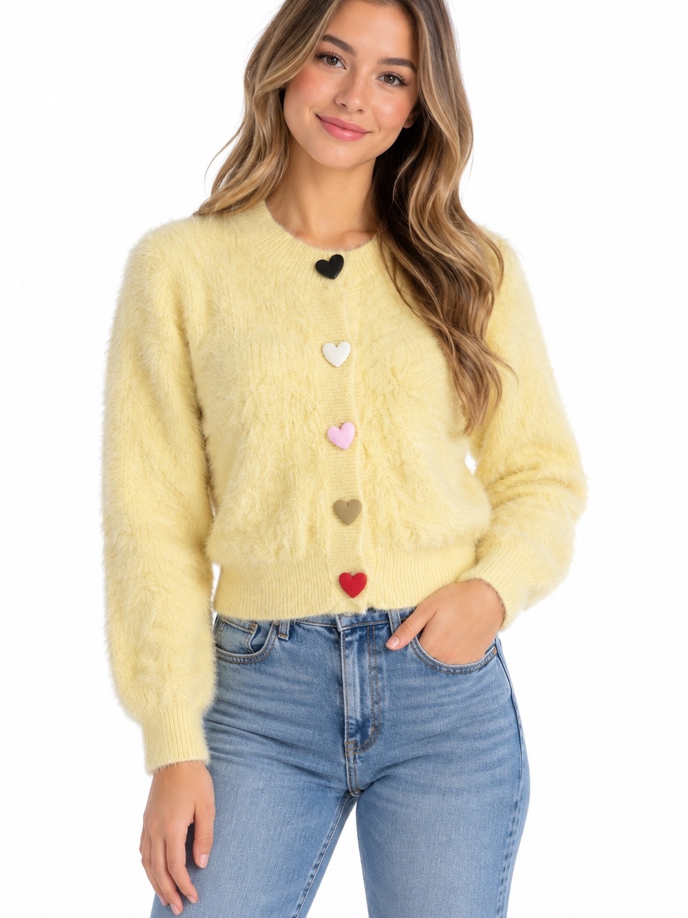 SHEIN Yellow Fuzzy Cardigan Heart Buttons Women's Small